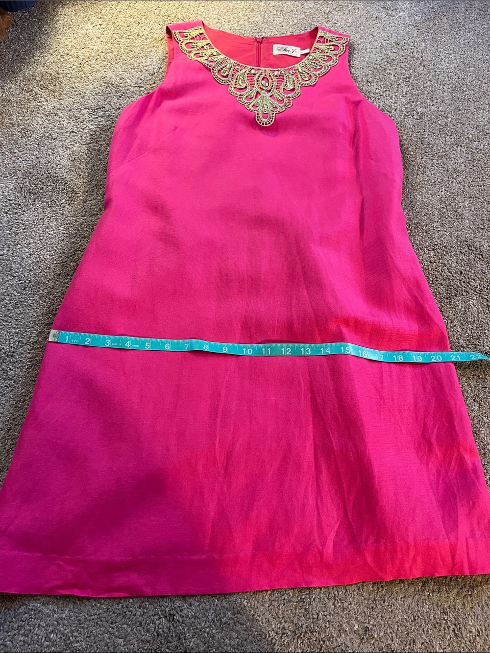 👑👑👑Eliza J Pink Linen Blend sz10 Gold Embroidered Gold Beaded Yoke Shift MONEY - Picture 7 of 13